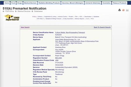 BABIO zaisťuje schválenie FDA 510(k) v USA pre svoju súpravu na transport vírusov (neinaktivujúca)